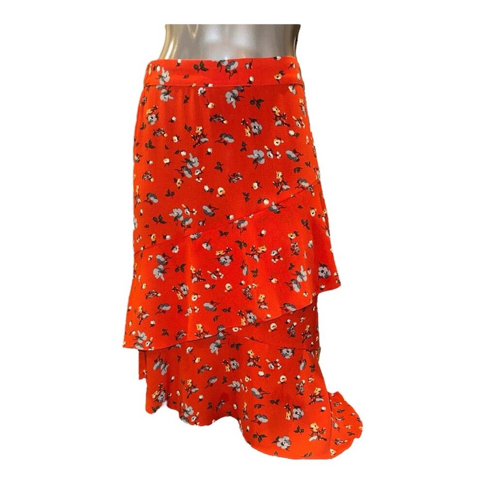 PIECES High Waist Asymmetrical Hem Ruffled Floral Midi Skirt Size M